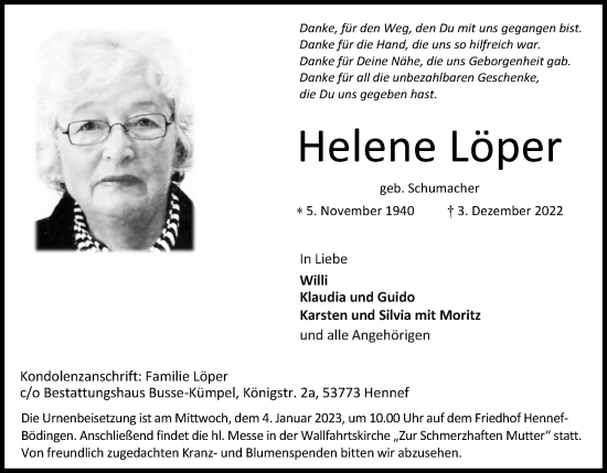 Anzeige von Helene Löper von Kölner Stadt-Anzeiger / Kölnische Rundschau / Express