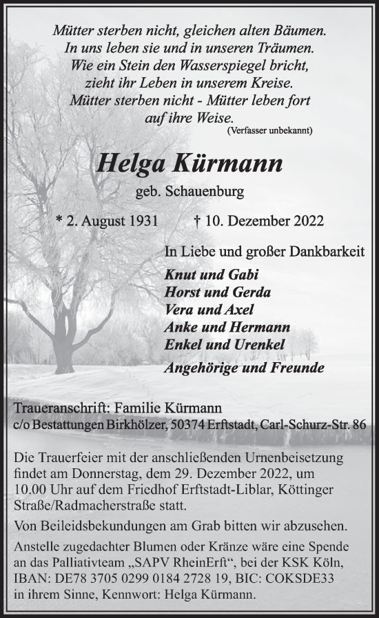 Anzeige von Helga Kürmann von  Werbepost 