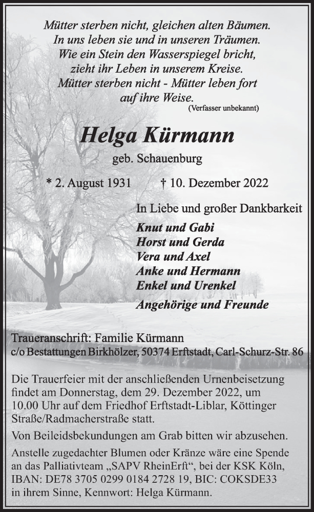  Traueranzeige für Helga Kürmann vom 22.12.2022 aus  Werbepost 