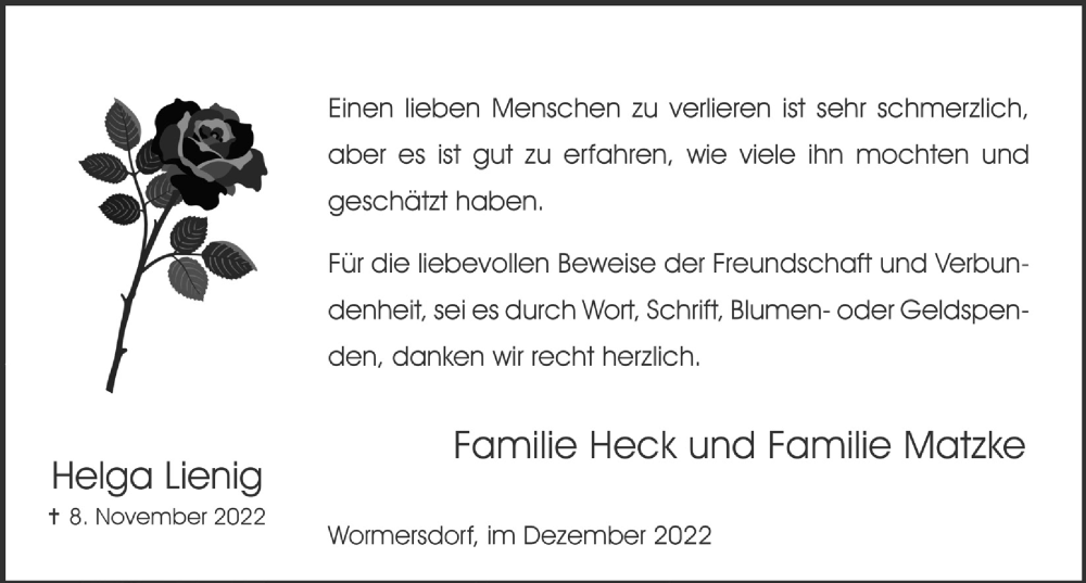  Traueranzeige für Helga Lienig vom 16.12.2022 aus  Schaufenster/Blickpunkt 