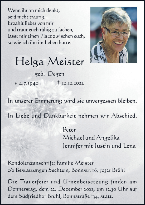 Anzeige von Helga Meister von  Schlossbote/Werbekurier 
