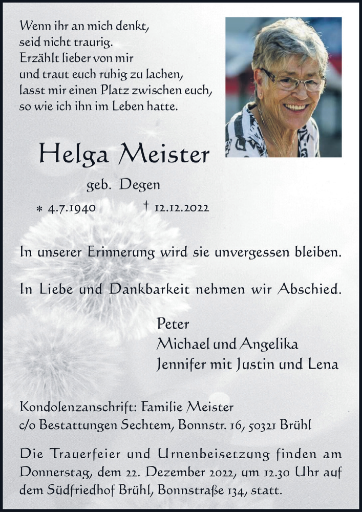  Traueranzeige für Helga Meister vom 16.12.2022 aus  Schlossbote/Werbekurier 