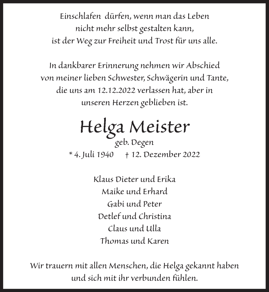  Traueranzeige für Helga Meister vom 16.12.2022 aus  Schlossbote/Werbekurier 