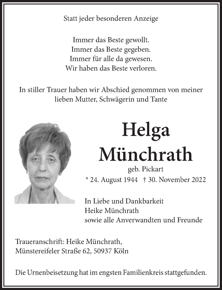  Traueranzeige für Helga Münchrath vom 16.12.2022 aus  Wochenende 