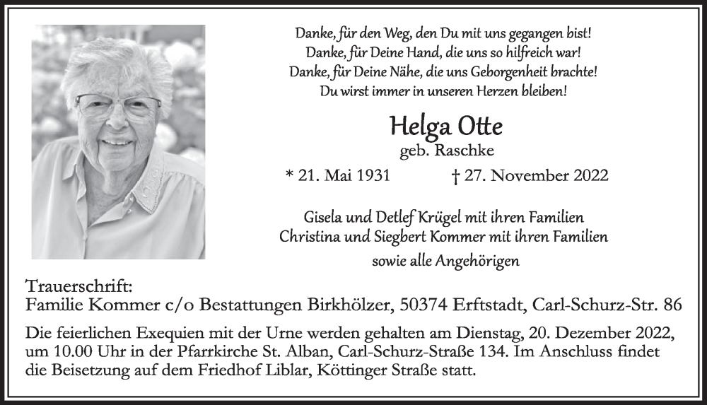  Traueranzeige für Helga Otte vom 09.12.2022 aus  Werbepost 