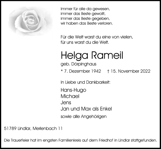 Anzeige von Helga Rameil von Kölner Stadt-Anzeiger / Kölnische Rundschau / Express