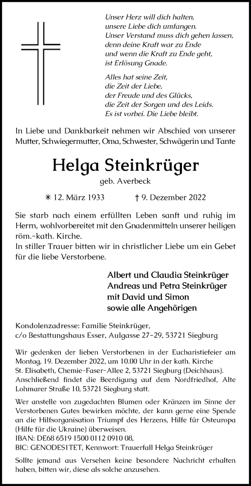 Anzeige von Helga Steinkrüger von Kölner Stadt-Anzeiger / Kölnische Rundschau / Express