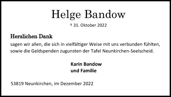 Anzeige von Helge Bandow von Kölner Stadt-Anzeiger / Kölnische Rundschau / Express