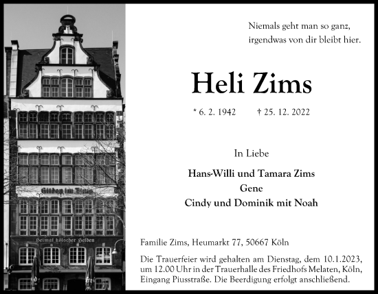 Anzeige von Heli Zims von Kölner Stadt-Anzeiger / Kölnische Rundschau / Express