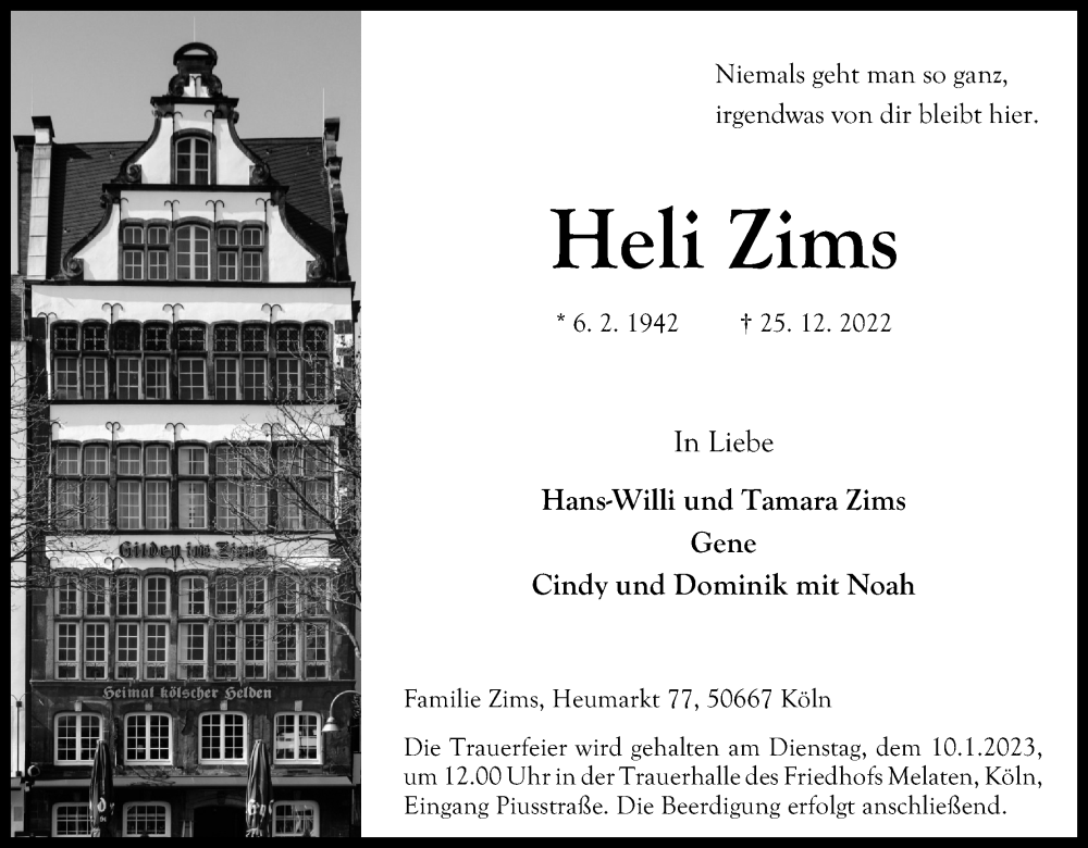  Traueranzeige für Heli Zims vom 31.12.2022 aus Kölner Stadt-Anzeiger / Kölnische Rundschau / Express