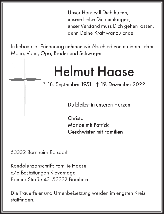 Anzeige von Helmut Haase von  Schaufenster/Blickpunkt 