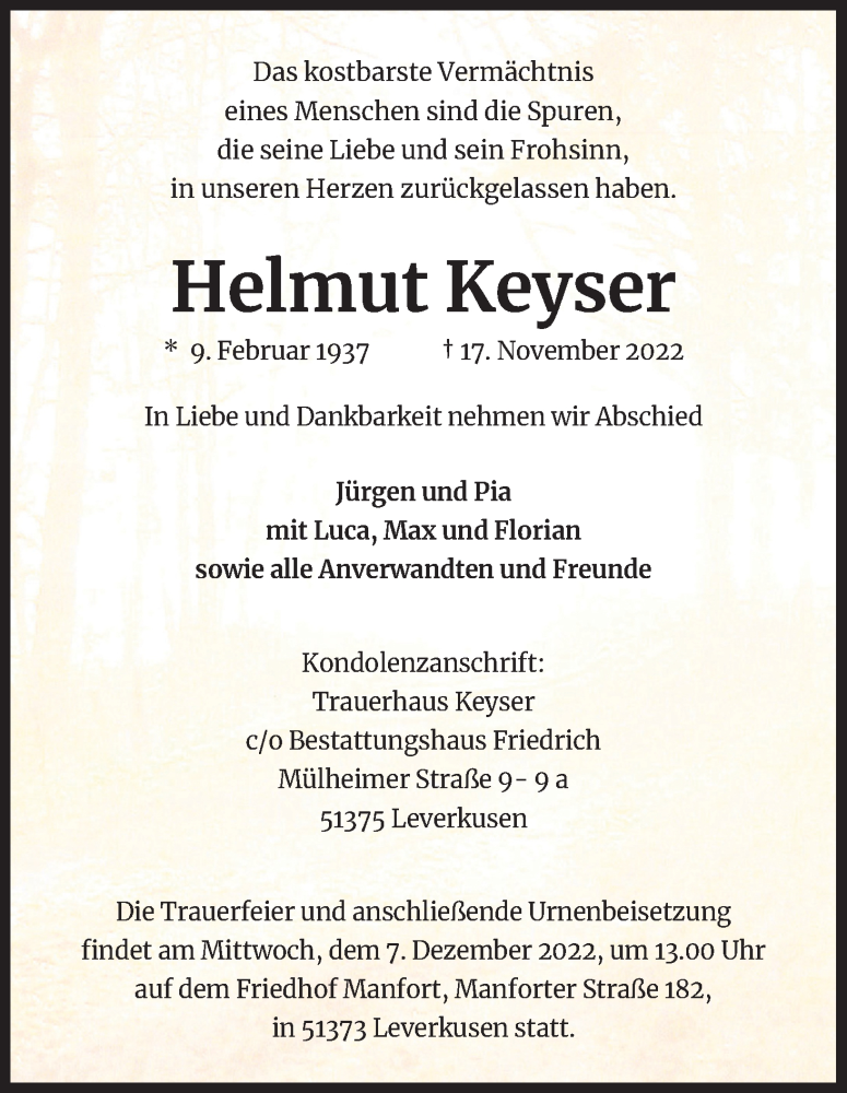  Traueranzeige für Helmut Keyser vom 03.12.2022 aus Kölner Stadt-Anzeiger / Kölnische Rundschau / Express