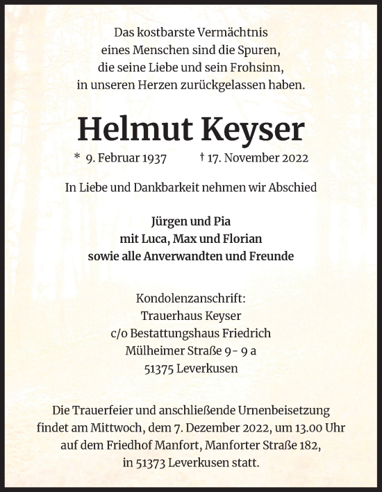 Anzeige von Helmut Keyser von Kölner Stadt-Anzeiger / Kölnische Rundschau / Express