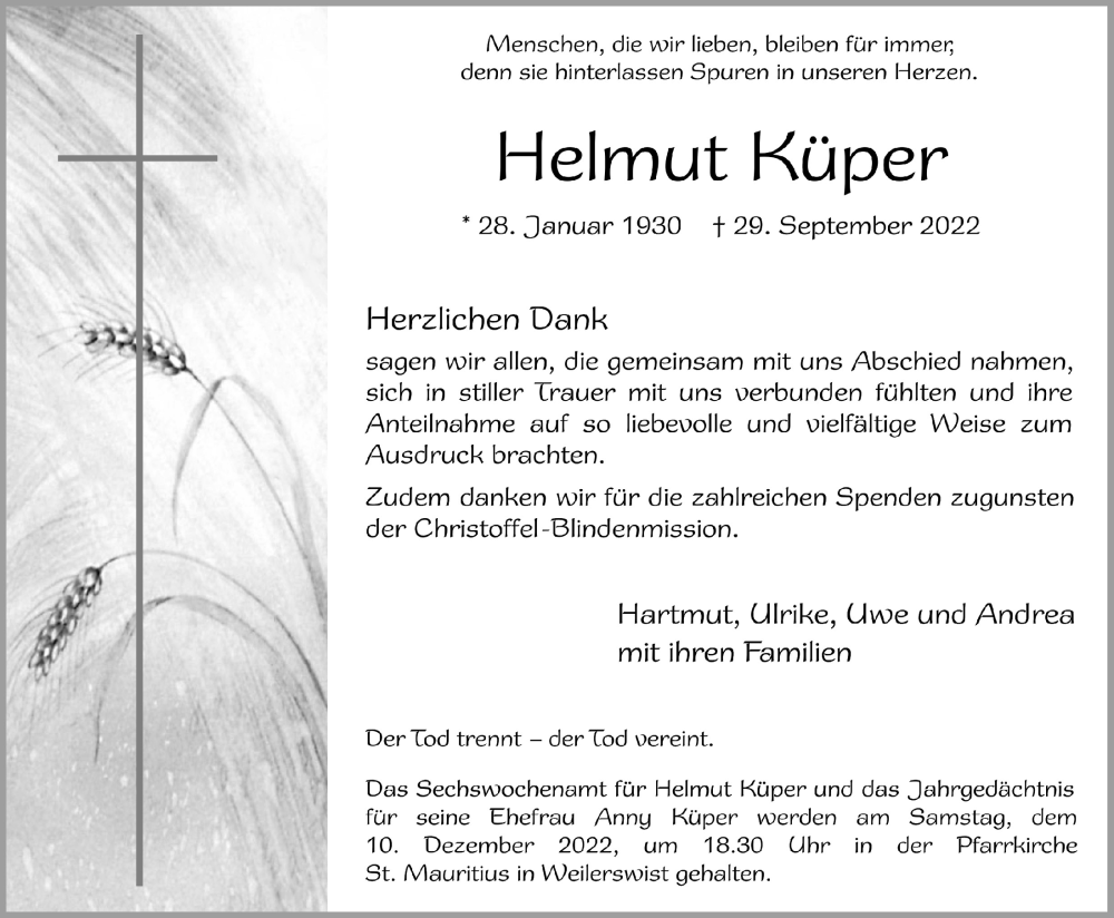  Traueranzeige für Helmut Küper vom 03.12.2022 aus  Blickpunkt Euskirchen 