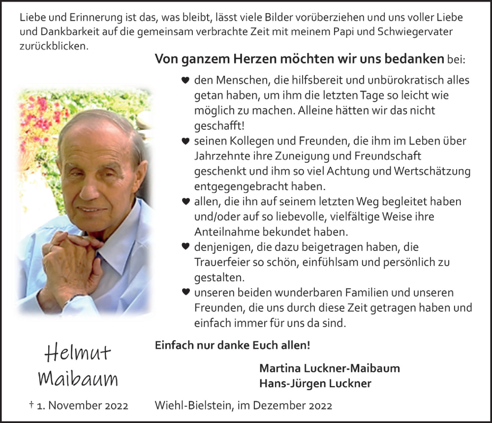  Traueranzeige für Helmut Maibaum vom 16.12.2022 aus  Anzeigen Echo 