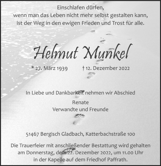 Anzeige von Helmut Munkel von  Bergisches Handelsblatt 
