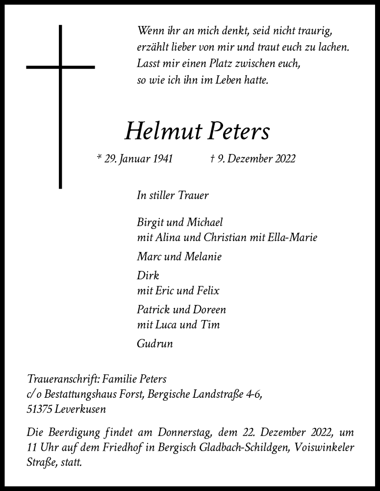  Traueranzeige für Helmut Peters vom 17.12.2022 aus Kölner Stadt-Anzeiger / Kölnische Rundschau / Express