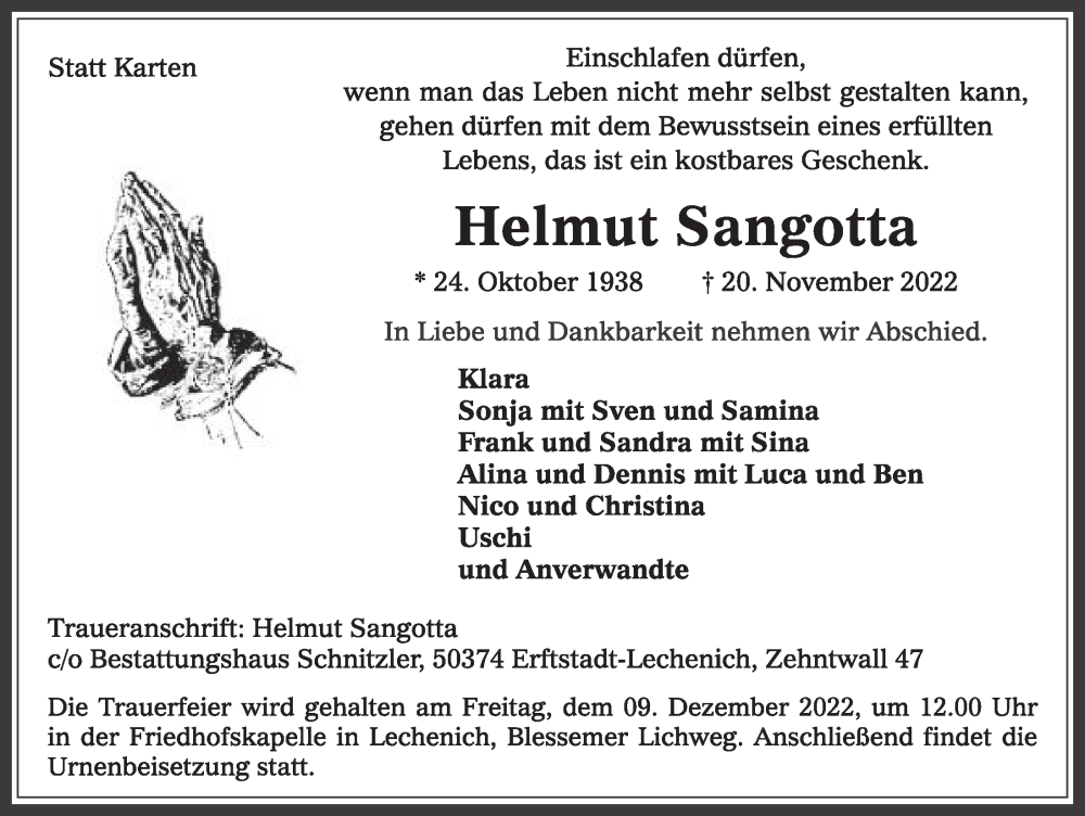  Traueranzeige für Helmut Sangotta vom 02.12.2022 aus  Werbepost 