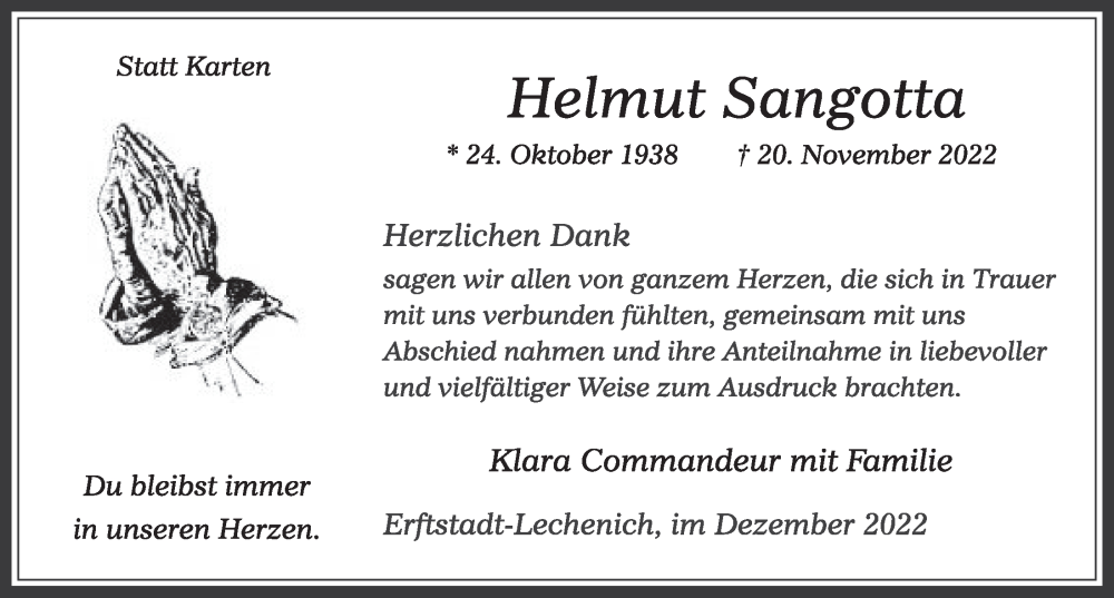  Traueranzeige für Helmut Sangotta vom 22.12.2022 aus  Werbepost 