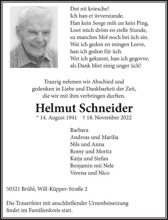 Anzeige von Helmut Schneider von  Schlossbote/Werbekurier 