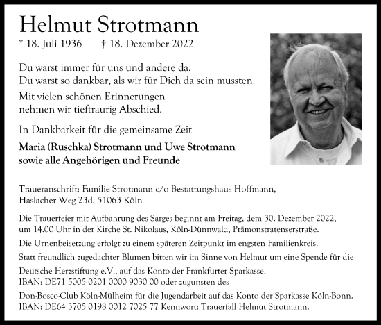 Anzeige von Helmut Strotmann von Kölner Stadt-Anzeiger / Kölnische Rundschau / Express