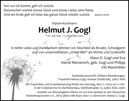 Anzeige von Helmut J. Gogl von Kölner Stadt-Anzeiger / Kölnische Rundschau / Express