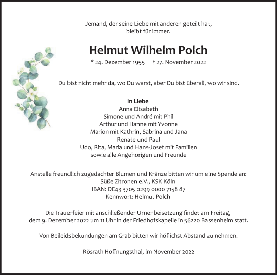 Anzeige von HelmutWilhelm Polch von Kölner Stadt-Anzeiger / Kölnische Rundschau / Express