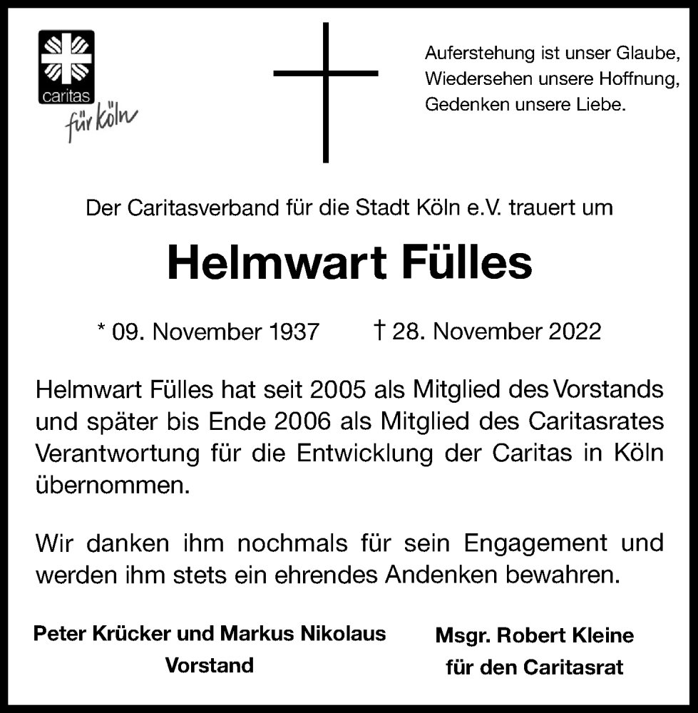 Traueranzeige für Helmwart Fülles vom 10.12.2022 aus Kölner Stadt-Anzeiger / Kölnische Rundschau / Express