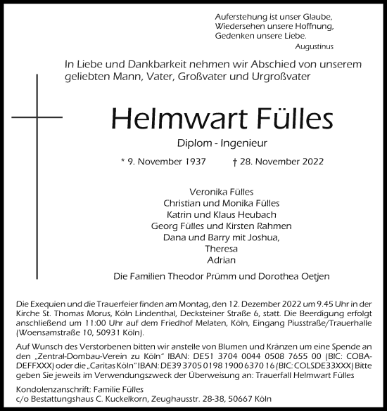 Anzeige von Helmwart Fülles von Kölner Stadt-Anzeiger / Kölnische Rundschau / Express