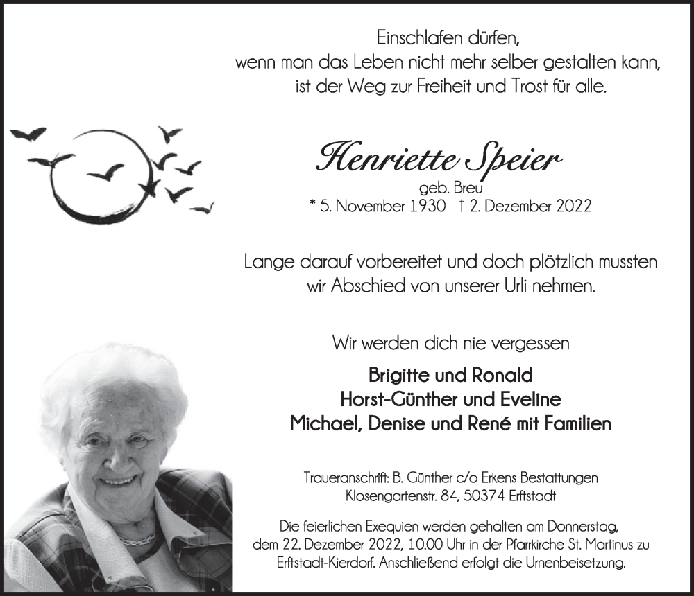  Traueranzeige für Henriette Speier vom 16.12.2022 aus  Werbepost 
