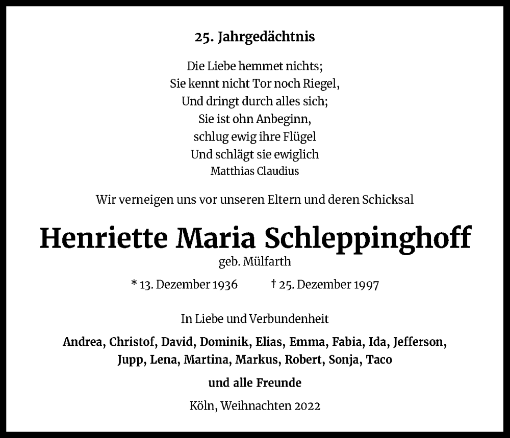  Traueranzeige für Henriette Maria Schleppinghoff vom 24.12.2022 aus Kölner Stadt-Anzeiger / Kölnische Rundschau / Express