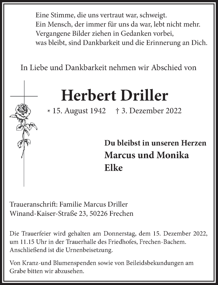  Traueranzeige für Herbert Driller vom 09.12.2022 aus  Wochenende 