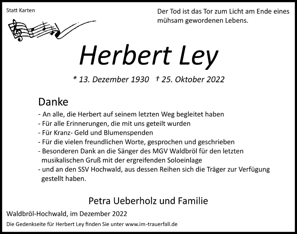  Traueranzeige für Herbert Ley vom 22.12.2022 aus  Lokalanzeiger 
