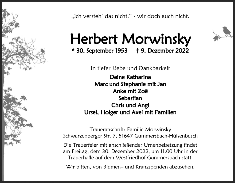  Traueranzeige für Herbert Morwinsky vom 17.12.2022 aus Kölner Stadt-Anzeiger / Kölnische Rundschau / Express