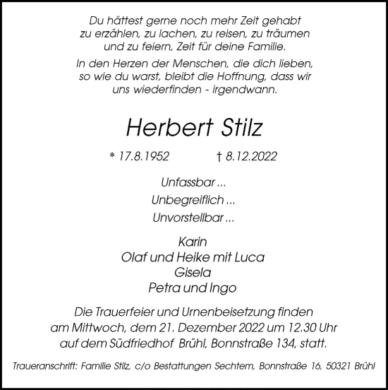 Anzeige von Herbert Stilz von  Schlossbote/Werbekurier 
