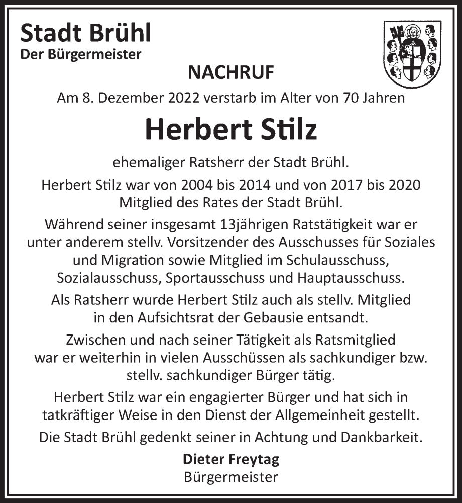  Traueranzeige für Herbert Stilz vom 18.07.2023 aus  Schlossbote/Werbekurier 