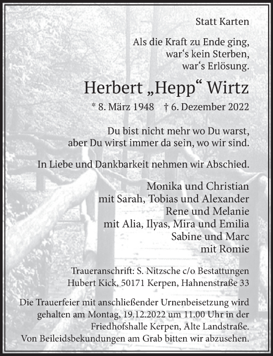 Anzeige von Herbert Wirtz von  Werbepost 