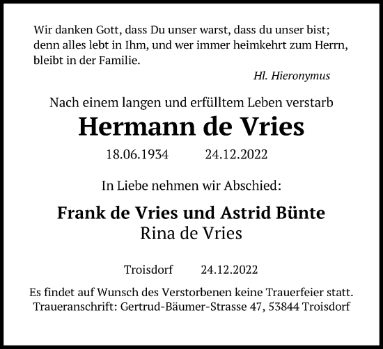 Anzeige von Hermann de Vries von Kölner Stadt-Anzeiger / Kölnische Rundschau / Express