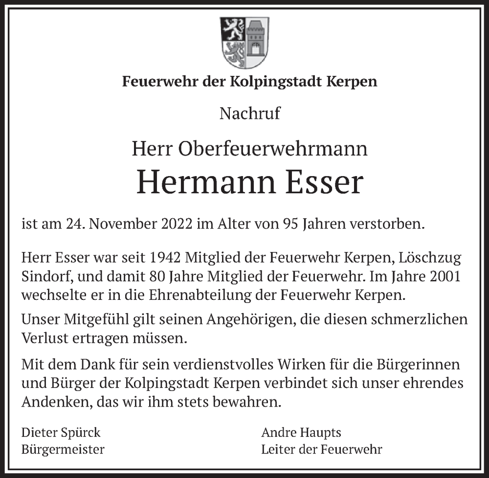  Traueranzeige für Hermann Esser vom 09.12.2022 aus  Werbepost 