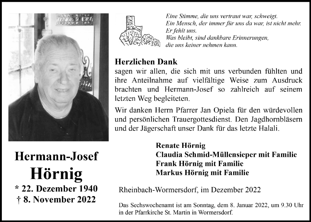  Traueranzeige für Hermann-Josef Hörnig vom 16.12.2022 aus  Schaufenster/Blickpunkt 