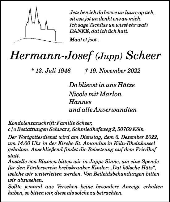 Anzeige von Hermann-Josef Scheer von Kölner Stadt-Anzeiger / Kölnische Rundschau / Express