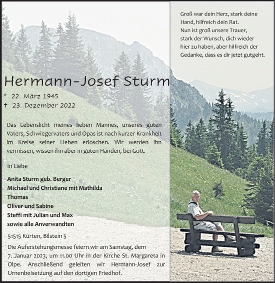 Anzeige von Hermann-Josef Sturm von Kölner Stadt-Anzeiger / Kölnische Rundschau / Express