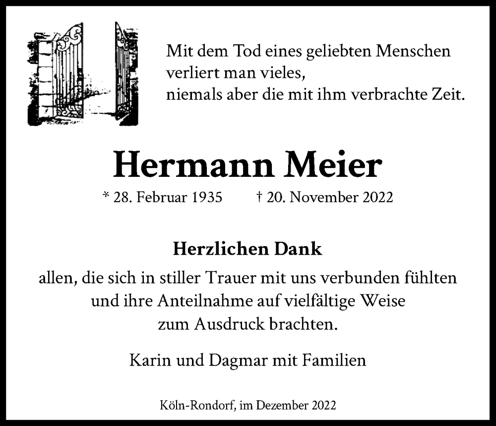  Traueranzeige für Hermann Meier vom 31.12.2022 aus Kölner Stadt-Anzeiger / Kölnische Rundschau / Express