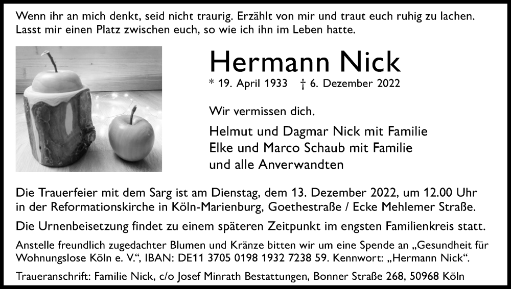  Traueranzeige für Hermann Nick vom 10.12.2022 aus Kölner Stadt-Anzeiger / Kölnische Rundschau / Express