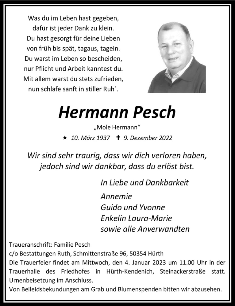  Traueranzeige für Hermann Pesch vom 29.12.2022 aus  Wochenende 