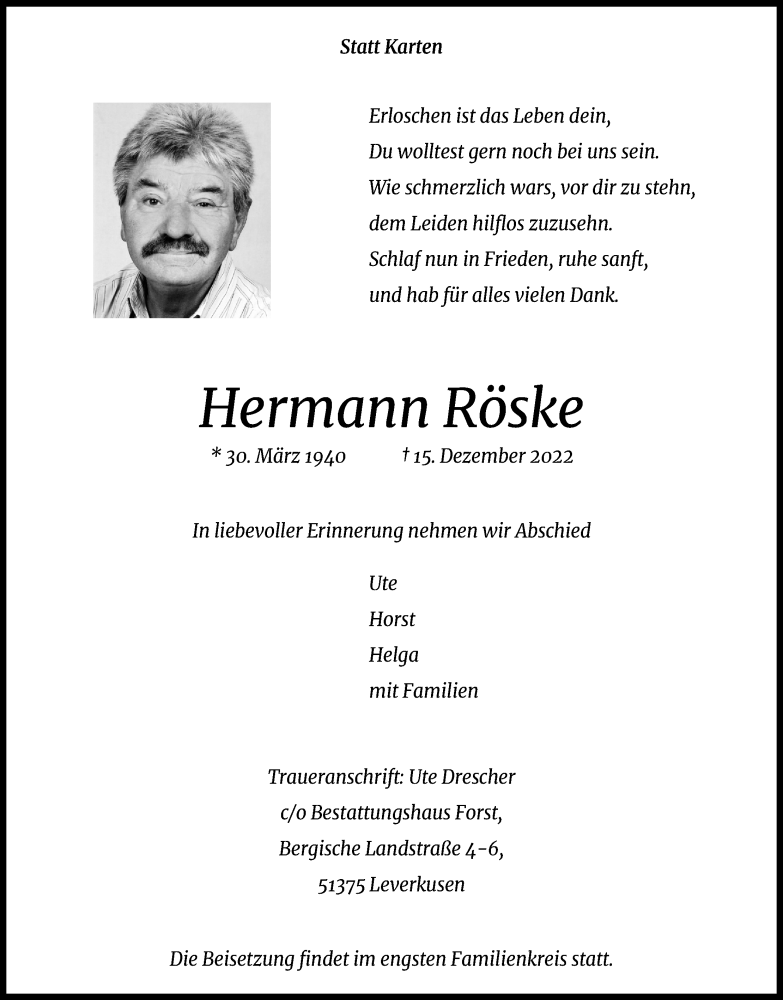 Traueranzeigen von Hermann Röske WirTrauern