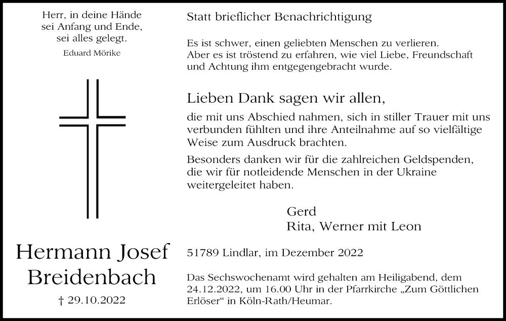  Traueranzeige für Hermann Josef Breidenbach vom 21.12.2022 aus Kölner Stadt-Anzeiger / Kölnische Rundschau / Express