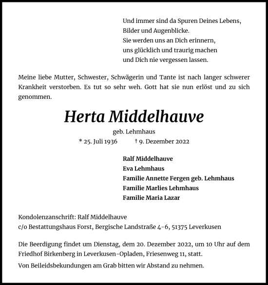 Anzeige von Herta Middelhauve von Kölner Stadt-Anzeiger / Kölnische Rundschau / Express