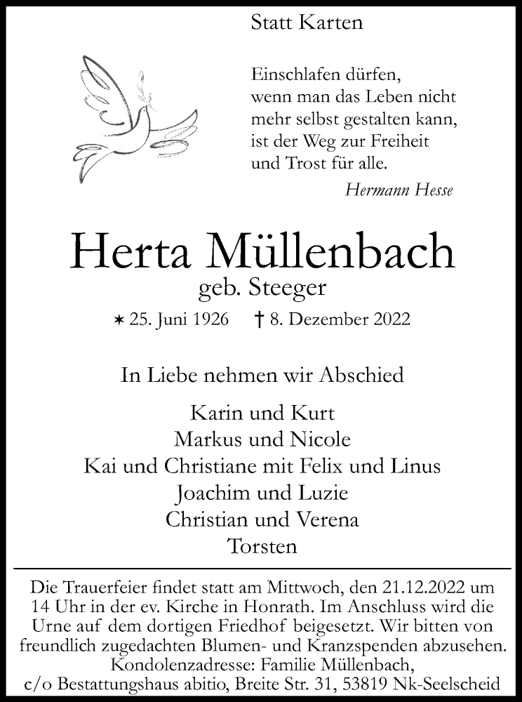  Traueranzeige für Herta Müllenbach vom 17.12.2022 aus Kölner Stadt-Anzeiger / Kölnische Rundschau / Express