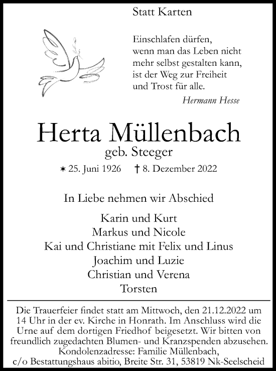 Anzeige von Herta Müllenbach von Kölner Stadt-Anzeiger / Kölnische Rundschau / Express